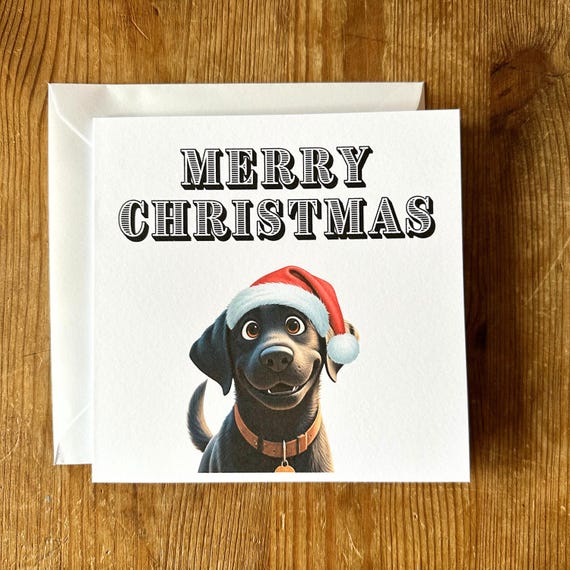 Black Labrador Christmas Card: Cartoon Dog with Santa Hat