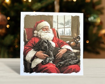 Black Cocker Spaniel Christmas Card with santa clause,  Illustration, Blank