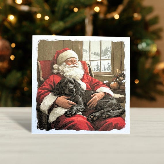 Black Cocker Spaniel Christmas Card with santa clause,  Illustration, Blank