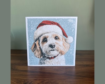 Cockapoo Dog Christmas Card with santa clause,  Illustration, Blank