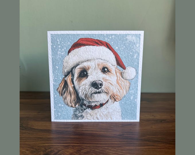 Cockapoo Dog Christmas Card with santa clause,  Illustration, Blank