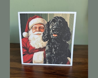 Black Cocker Spaniel Christmas Card with santa clause,  Illustration, Blank