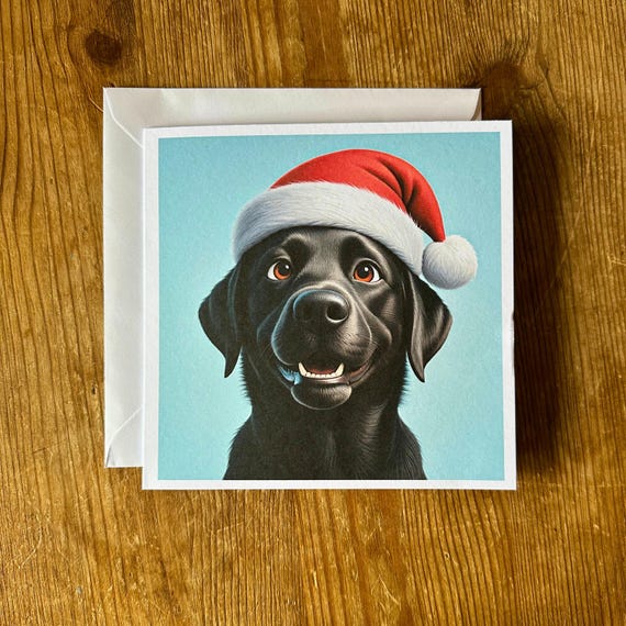 Black Labrador Christmas Card: Cartoon Dog with Santa Hat