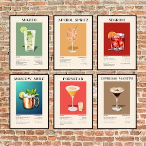 Cocktailrezeptdruck, beliebte Cocktailkunstdrucke, Hausbardekor, druckbare Getränkerezepte, Wandkunst, 6er-Set Digital