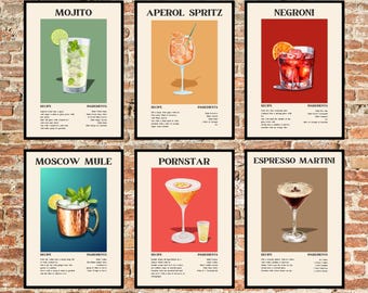 Cocktail Recipe Prints, Popular Cocktail Art Prints, Home Bar Decor, Printable Drink Recipes, Wall Art, Set of 6 Digital