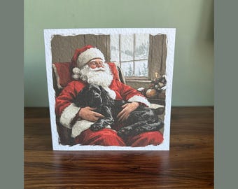 Black Cocker Spaniel Christmas Card with santa clause,  Illustration, Blank