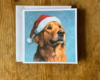 Golden Retriever Dog Christmas Card. Soft painting style.
