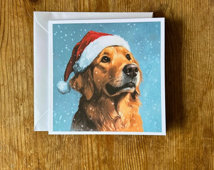 Golden Retriever Dog Christmas Card. Soft painting style.