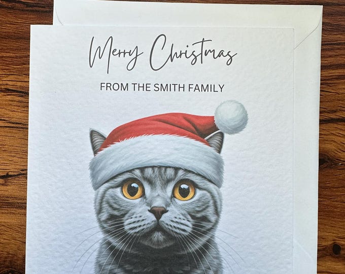 Personalised Cat Christmas Card - Custom Design with Family Name or Personal Name
