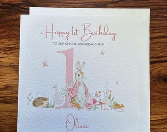 Personalised 1st Birthday Card with Cute Rabbit - Custom Name and Relation - 6x6 Inches