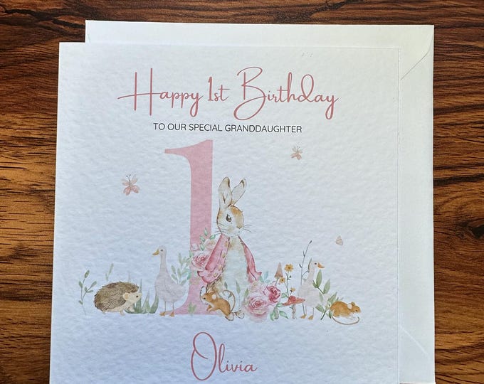 Personalised 1st Birthday Card with Cute Rabbit - Custom Name and Relation - 6x6 Inches