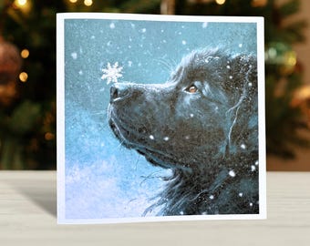 Black Newfoundland Dog Christmas Card. Soft painting style.