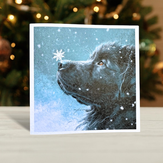 Black Newfoundland Dog Christmas Card. Soft painting style.