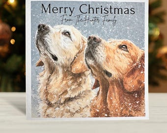 Two Golden Retriever Dog Christmas Card. Soft painting style. two dogs