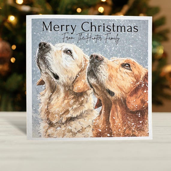 Two Golden Retriever Dog Christmas Card. Soft painting style. two dogs