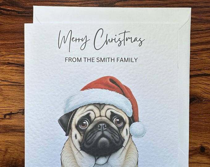 Pug Dog Christmas Card, Custom Design Dog Personalised Pug Christmas.