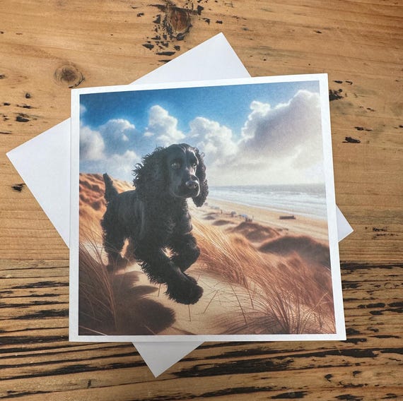 Black Cocker Spaniel Birthday Card: Beach Scene, Dog Lover