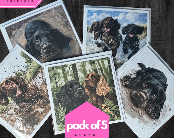 Cocker Spaniel Cards, pack of 5, blank cards, blank dog cards, spaniel birthday card, spaniel thank you card, working cocker spaniel