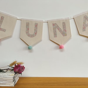 Personalised Name Bunting | Baby Garland | Liberty Fabric | Pom Poms | Wall Hanging | Nursery Decor | Baby Shower | Baby Girl