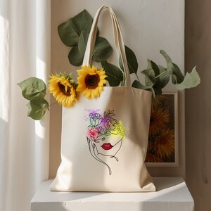 Frau Gesicht Eco Tote Bag, Eco Baumwolle, Gesicht mit Blumen, Geschenk, jeden Anlass, Blumen, Lippen