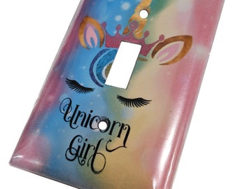 Cute Rainbow Unicorn Princess with Crown Face Pink Blue Yellow Purple Colors Decorative Single Light Switch Wall Plate Cover (not decal)