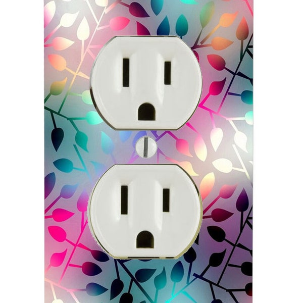 Trendy Accessories Colorful Neon Leaves Decorative Blue Pink Red Colors Printed Image Electric Outlet Wall Cover Plate (not decal)
