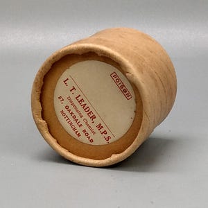 Antique Chemist pill box with label Dispensing Chemist Nottingham L.T Leader MPS