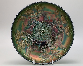 Fenton Carnival Green Glass footed bowl Stag and Holly Electric