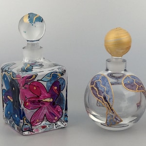 Pair of vintage Perfume scent bottle with stoper hand painted with flowers and fish