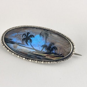 Sterling Silver Morpho Butterfly Wing Brooch Tropical Scene