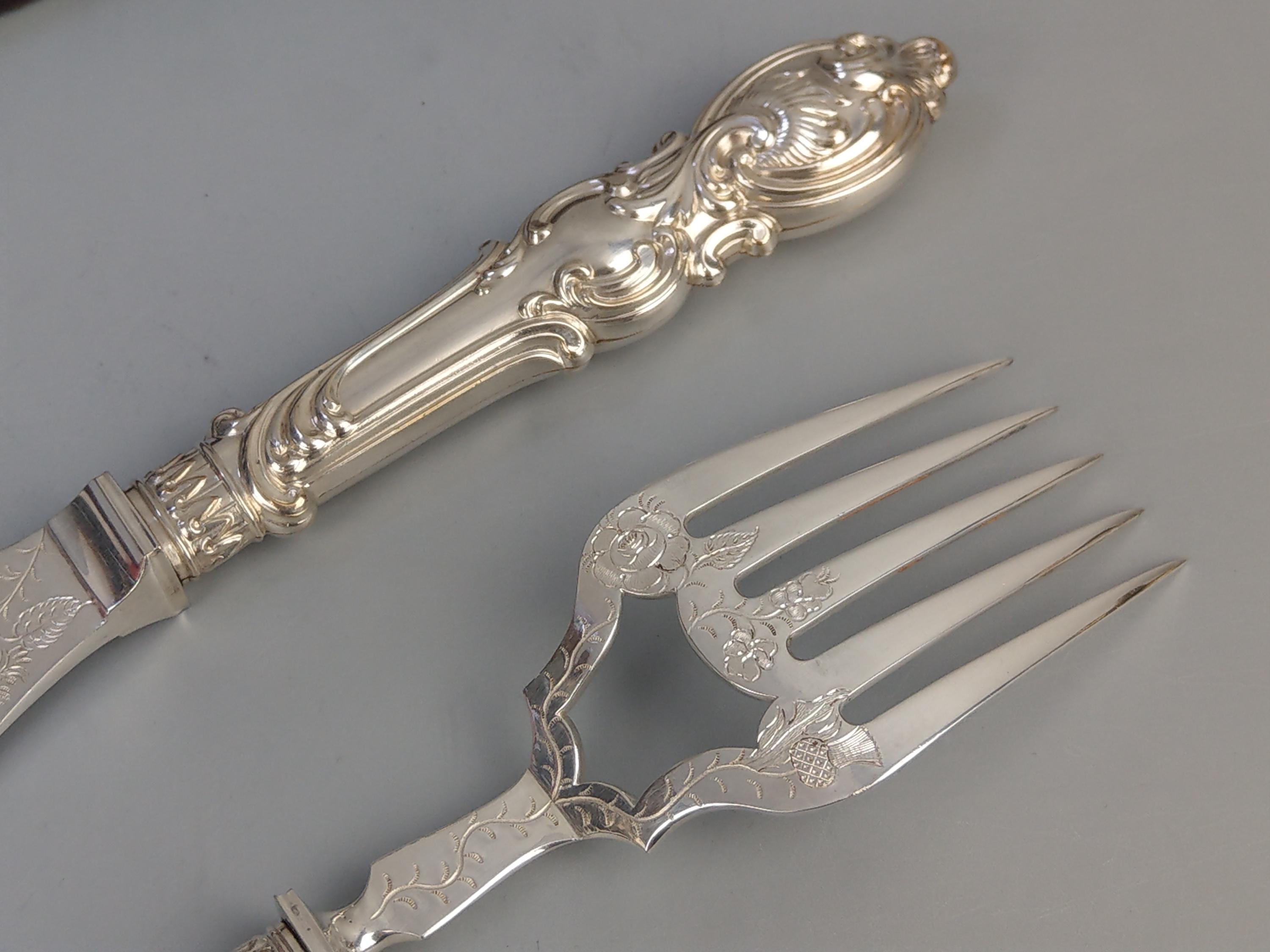 英国　Victorian Silver Plate 葉模様カトラリーセット 2点 Antique Large Ornate Silver Plate Fish Server Set Floral Etched