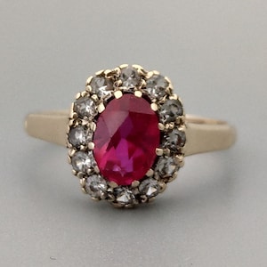 9ct Gold ring set with Pink Sapphire stone and white gem stones Size 6.5 / M.1/2