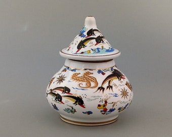 Large White Vintage Greek solid perfume pot Sea life scenes Dolphin's