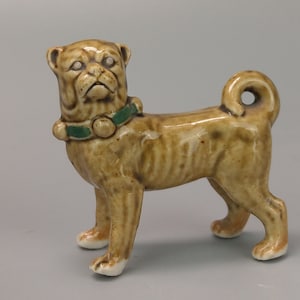 Antique Pug Dog Figurine with collar honey glaze early 20th century