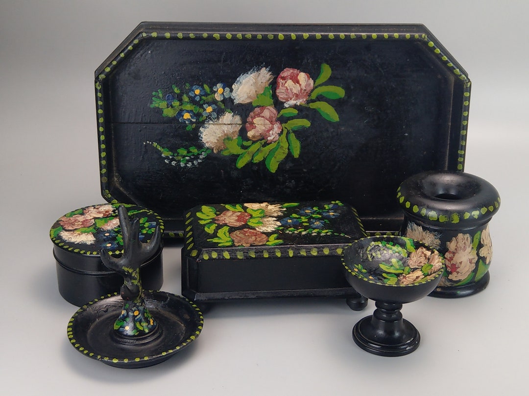 Antique Vanity Dressing Table Set Hand Painted With Floral Etsy