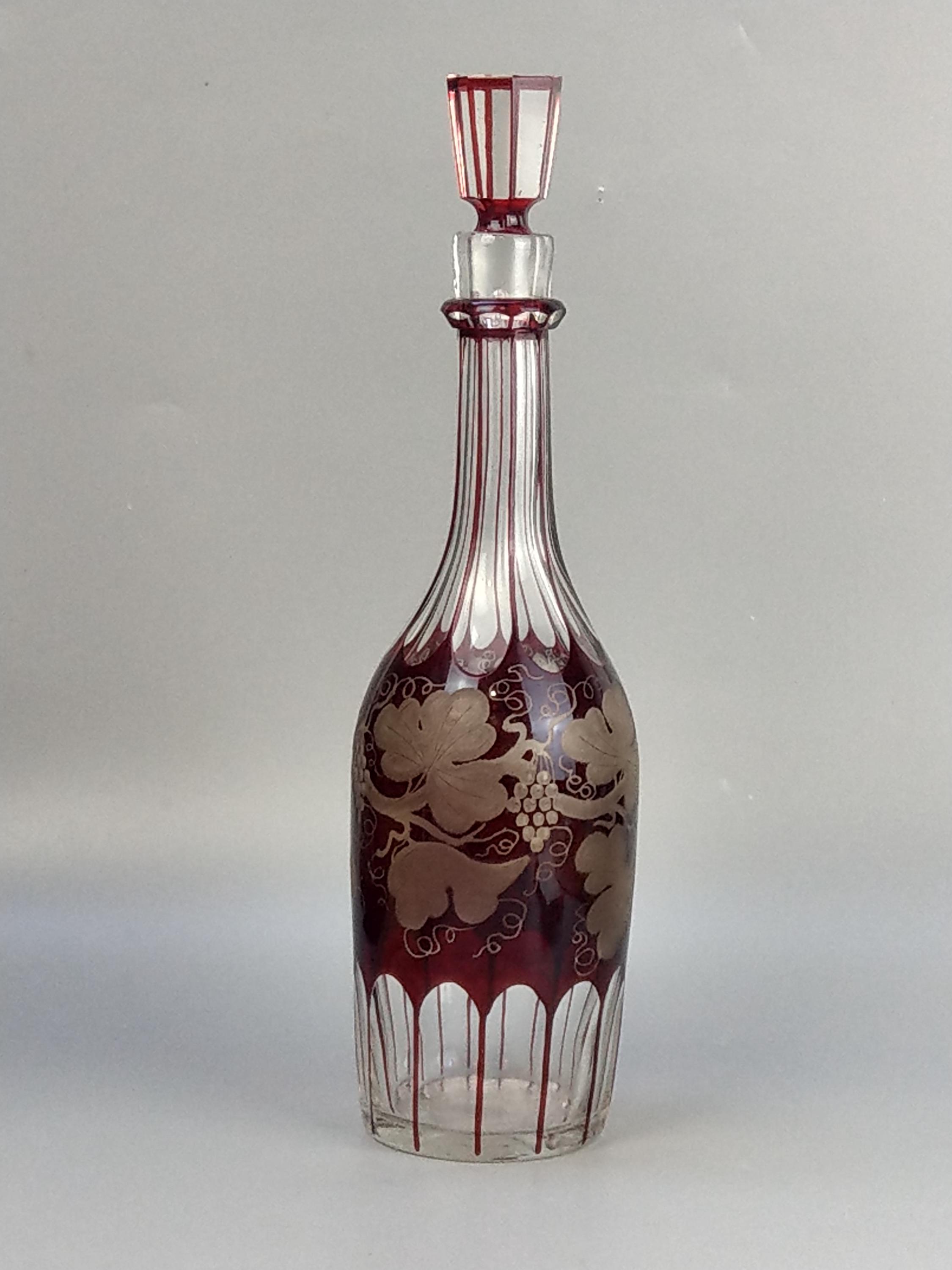Antique Decanter Wine Grapes matt Pattern Bohemian Ruby Red