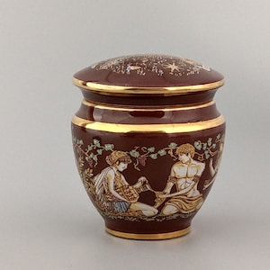 Vaso per profumo solido greco Corfù vintage marrone medio avvitato con coperchio scene di dee greche