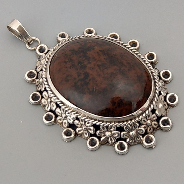 Large Oval Sterling Silver Locket with Brown cabochon stone by Ari D Norman 1977