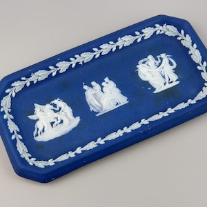 Antique Wedgwood Dark Blue Jasperware small rectangular rings dish c1878