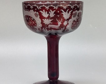Antique Egermann Bohemian ruby red cut to clear Champagne glass Castle pattern