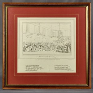 May include: A black and white engraving of a crowded ballroom scene titled "COMFORTS of BATH." The engraving depicts people dancing, talking, and socializing in a large room with chandeliers. The engraving is framed in a red and gold frame.