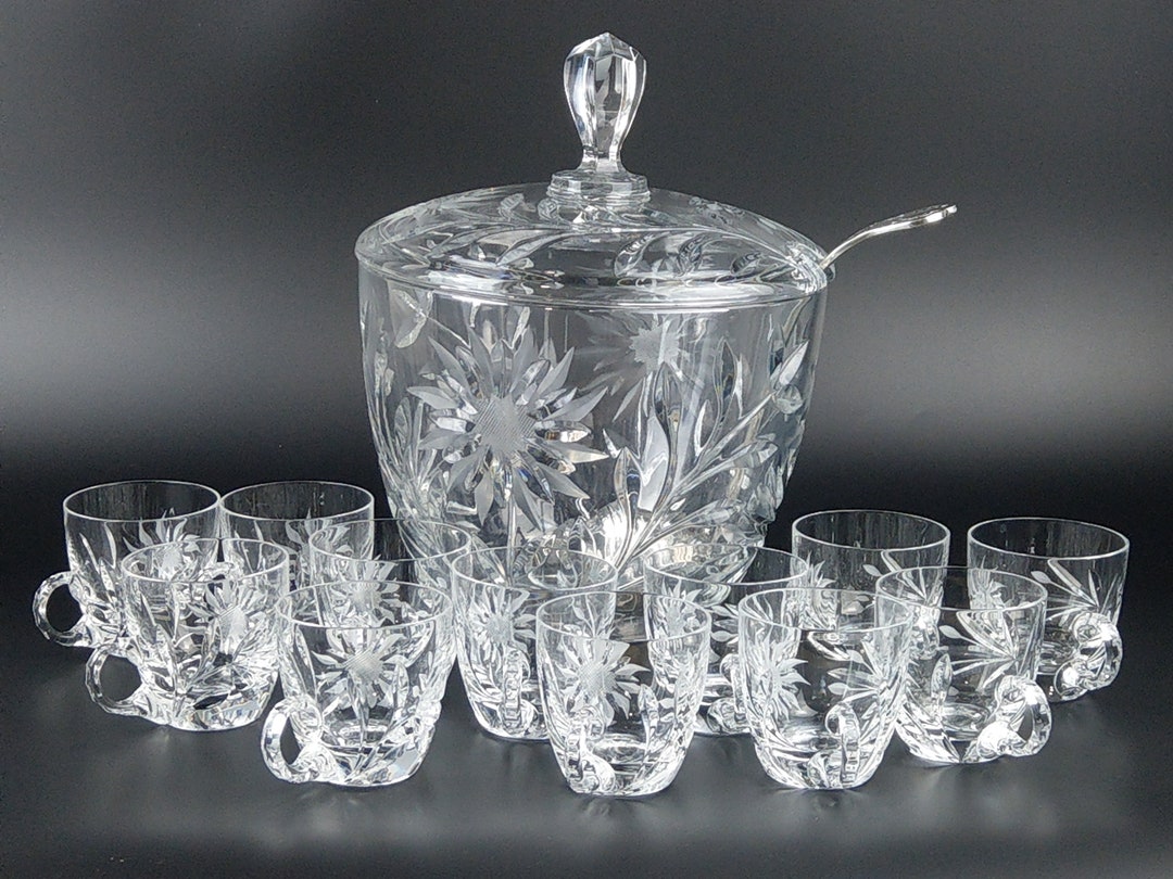 Large Punch Bowl Set With 12 Cups Stuart Crystal With Ladle Etsy