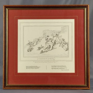 May include: A black and white print of a satirical cartoon depicting a chaotic scene in Bath, England. The print is titled "Comforts of Bath" and includes a caption that reads "The Street Scene Witnessed by a Party at the Beautifull [sic] corner of John Street, Bristol, March 20th 1777, by Paul Sandby."