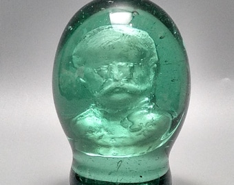 Victorian Paperweight Green Glass Dump with Portrait Sulphide of Gentlemen