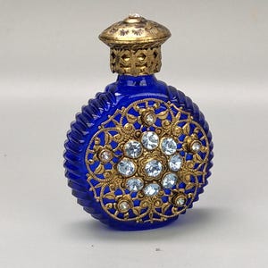 Vintage Jewelled perfume bottle, cobalt blue with dropper Czechoslovakia