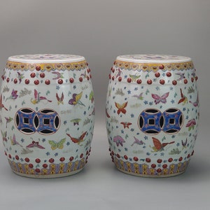 Pair of Chinese garden seats Famille rose with butterfly&#39;s