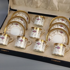 Brown Westhead Cauldon Rose Garlands Gilt Border Porcelain Coffee set in case