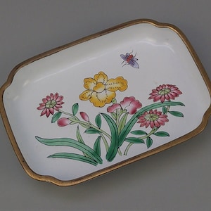 Vintage Ring Dish white enamel with flower and bug