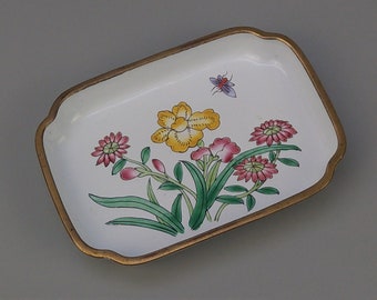 Vintage Ring Dish white enamel with flower and bug