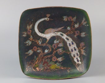 Oriental enamel on Copper rings dish with Peacock